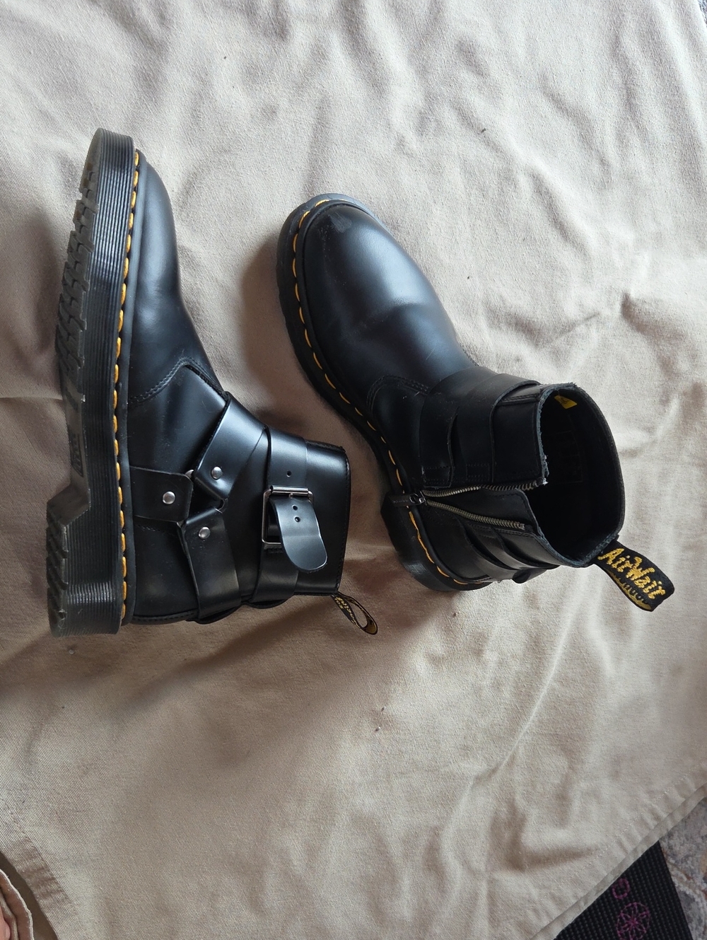 Dr. Martens Black Leather Harness Boots with Yellow Stitching and Pull Tab